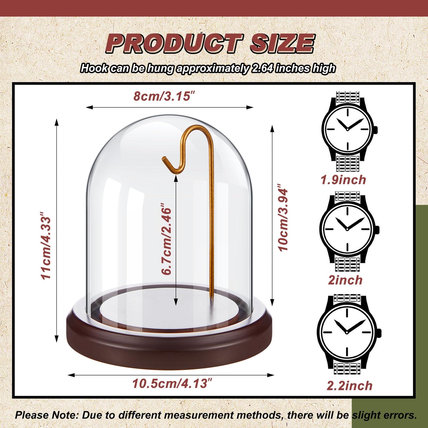 Beeveer 2 Pcs Glass Display Dome, Clear Cloche for Pocket Watch with Wood Base and Hooks, and Display Case for Watch, Medals, Collectibles(Reddish Brown,3" X 4",Dome Style)