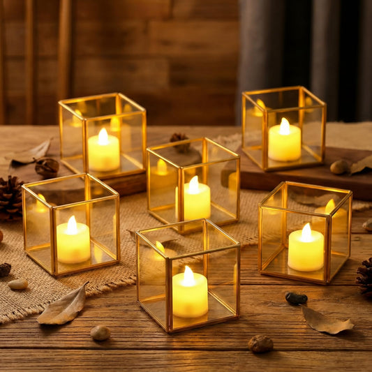 Sliner 6 Set Gold Votive Candle Holders Centerpieces 3.15 x 3.15 Inch Glass Hurricane Wedding Table Decor Gold Terrarium Geometric Lanterns Tealight Candle Holders for Vintage Wedding Table Decoration