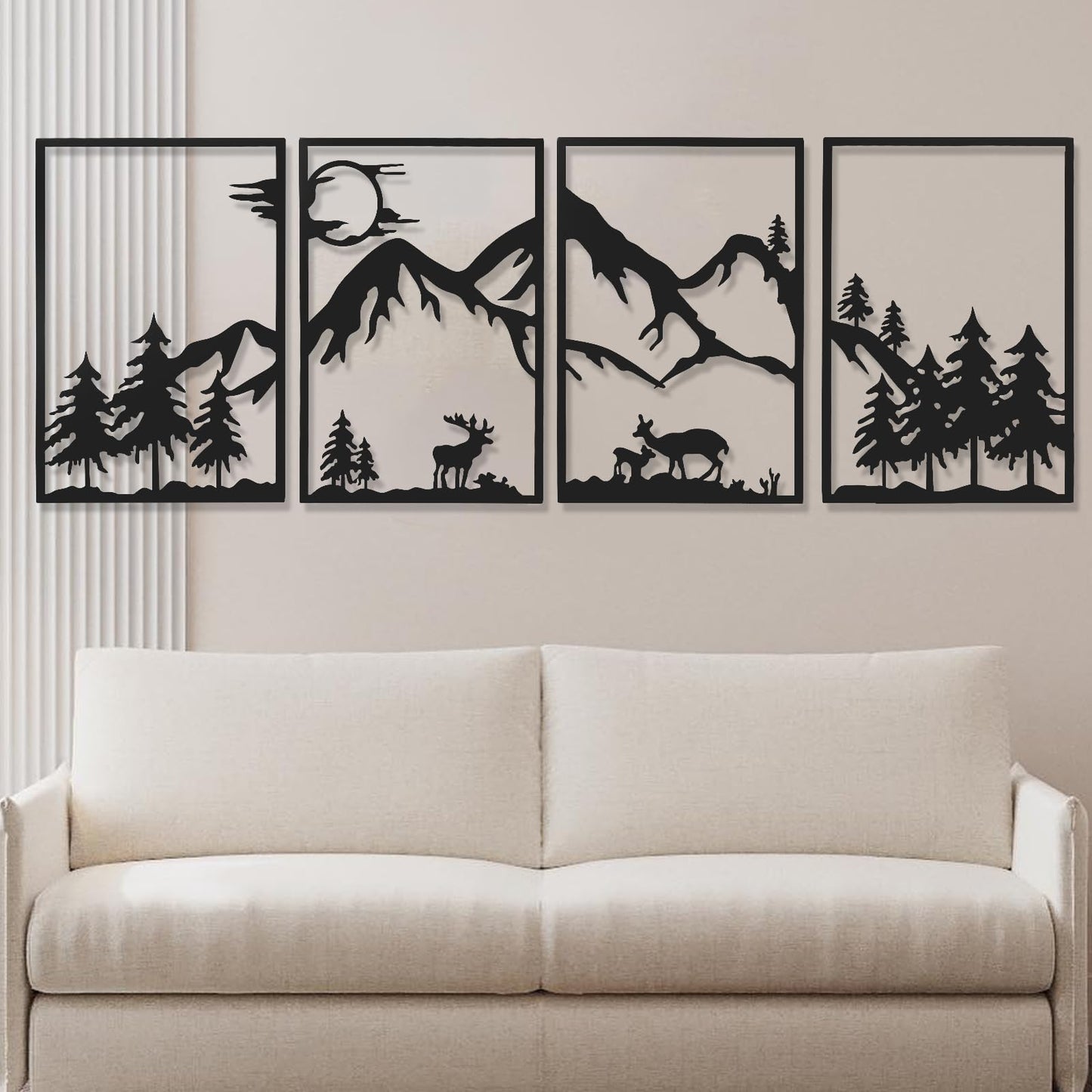 AMAATE Modern abstract wall decoration set, black metal hollow hanging paintings, 4 geometric designs for living room home decoration (Art Deco, Snow Mountain, 11" X 14.6" in)