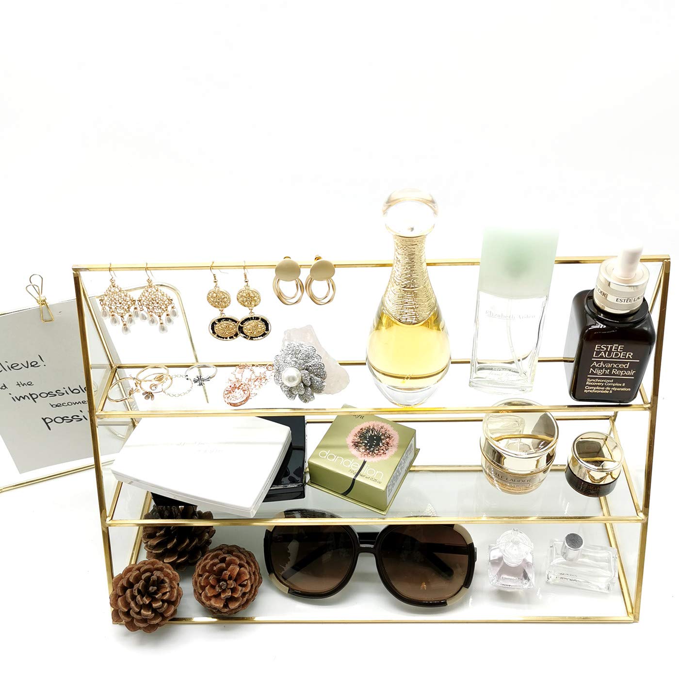 Yamfurvo 3-Tier Glass Triangular Prism Shaped Home or Retail Display Showcases, Jewelry Display Stands with Vintage Style Brass Tone Metal Frame (Large)