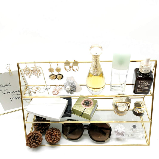 Yamfurvo 3-Tier Glass Triangular Prism Shaped Home or Retail Display Showcases, Jewelry Display Stands with Vintage Style Brass Tone Metal Frame (Large)