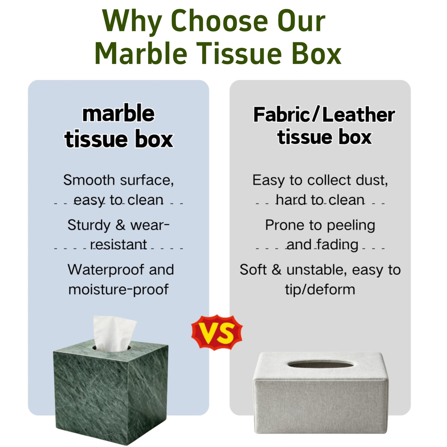N NANSHOP Natural Marble Tissue Box Holder Cover, Square Cube Tissue Box Holder with Open Bottom for Bathroom Vanity TopsBedroom Dressers, Kitchen Countertop, Indian Green(NS056)