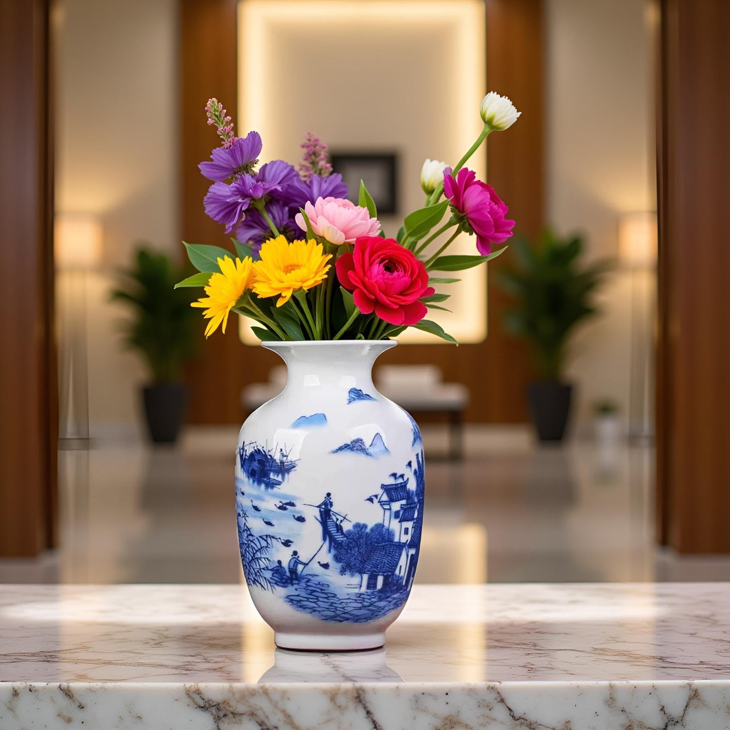 MTME Porcelain Figurines, Jingdezhen Decorative Flower vase, Home Decor, Wedding Gifts, Aesthetic Sculpture Home décor (Scenery Blue)