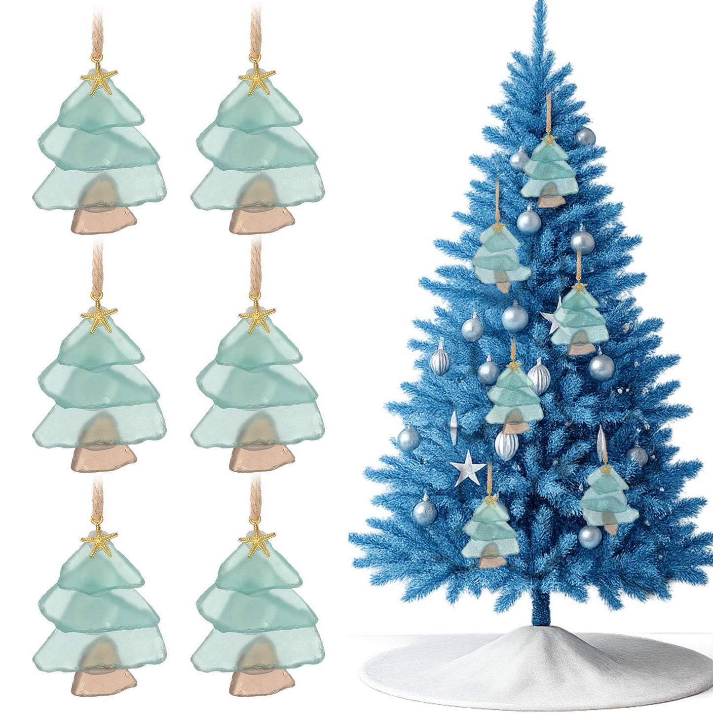 Yookeer 6 Pcs Sea Glass Christmas Tree Ornaments Handmade July in Christmas Sea Glass Xmas Tree Ornament Pendant Blue Beach Seaglass Hanging Ornament Crystal Xmas Decoration for Centerpiece Home Decor