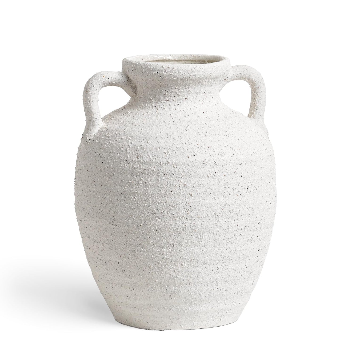 White Ceramic Vase with Handles, 9.5" Large Farmhouse Flower Vase - Rustic Centerpiece for Living Room, Bookshelf, Mantel, Entryway, Table & Wedding Home Decor (Rock Sand White)