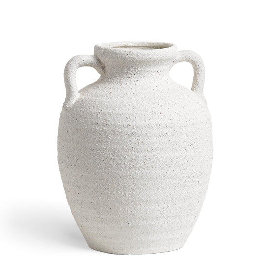 White Ceramic Vase with Handles, 9.5" Large Farmhouse Flower Vase - Rustic Centerpiece for Living Room, Bookshelf, Mantel, Entryway, Table & Wedding Home Decor (Rock Sand White)