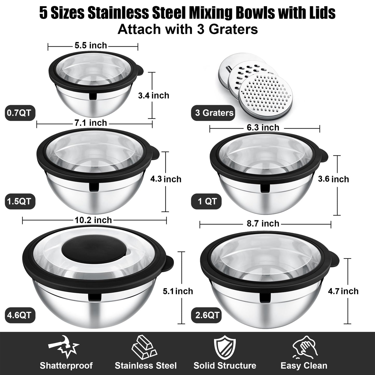 E-far Mixing Bowls Set of 5, Stainless Steel Salad Mixing Bowl with Transparent Lid, Metal Nesting Bowl Attach with 3 Graters for Kitchen Prepping/Serving/Baking/Storage, 4.6/2.6/1.5/1/0.7 QT - Black