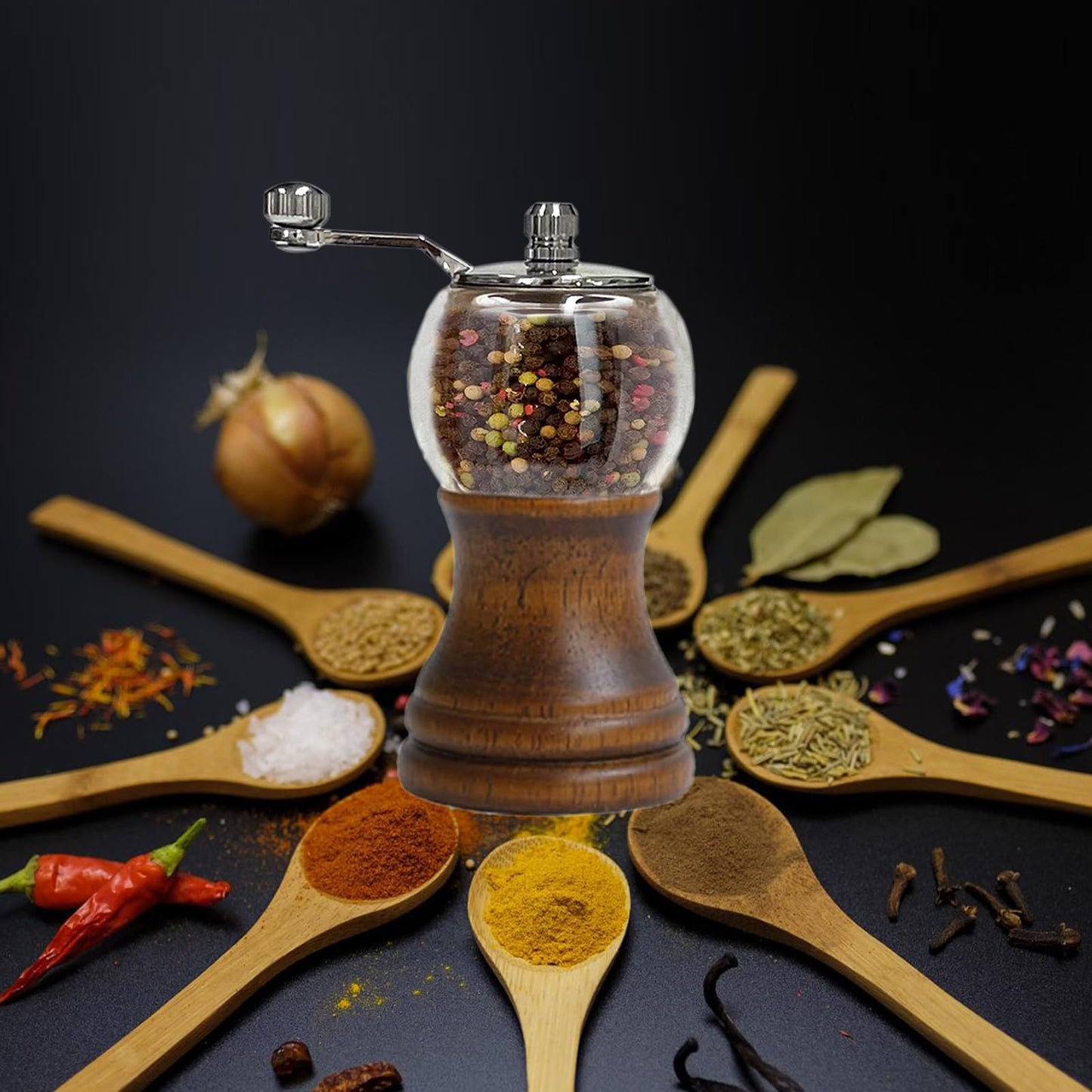 VEIZIBEE Pepper Mill Set Manual Pepper Mills Classical Hand Shake Wooden Pepper Grinder Set Salt Mills Wooden Pepper Mill Ceramic Blades Metal Handle, Enjoy Fresh Ground Pepper (Walnut color 2pcs-5in)