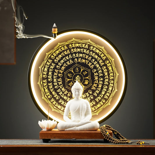 QINLANG 6 inch White Buddha Statue and 13.2 inch LED Circle Table Lamp, Indoor Buddha Statues for Home Décor