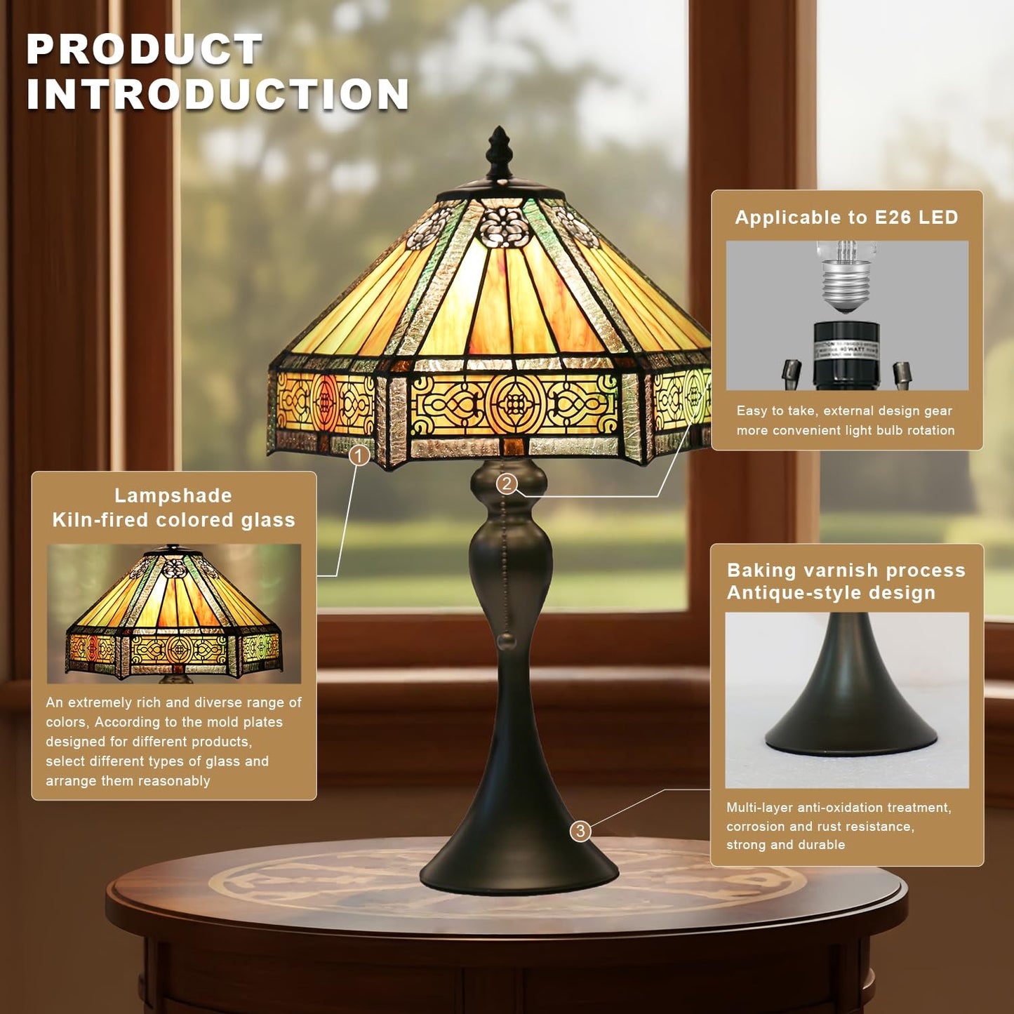 TFNALNB Tiffany Style Table Lamp, Stained Glass Lamp, 12x12x19 Inch, Vintage Metal Base Desk Light,（Amber）