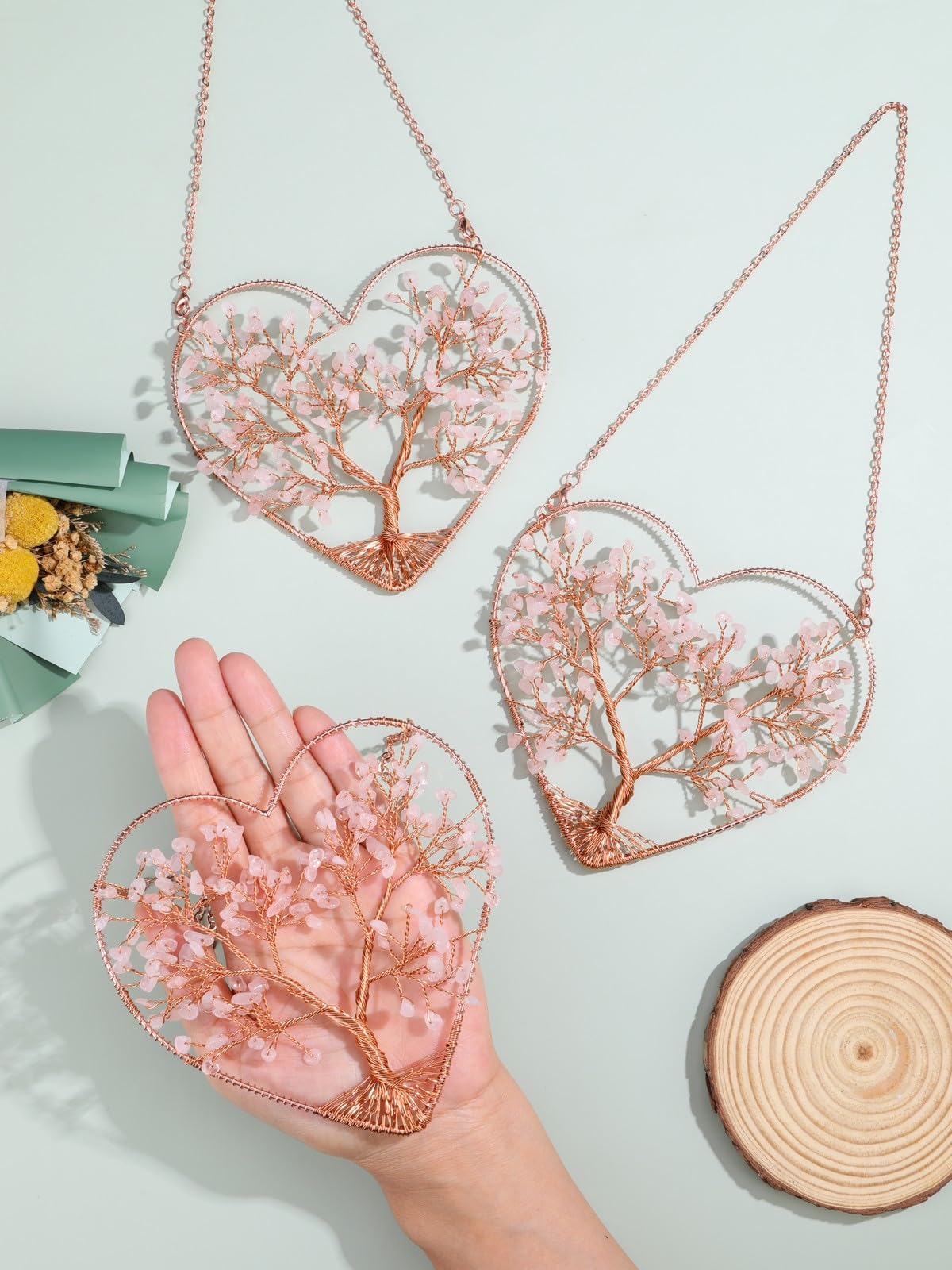 Jovivi Rose Quartz Heart Crystal Tree Hanging