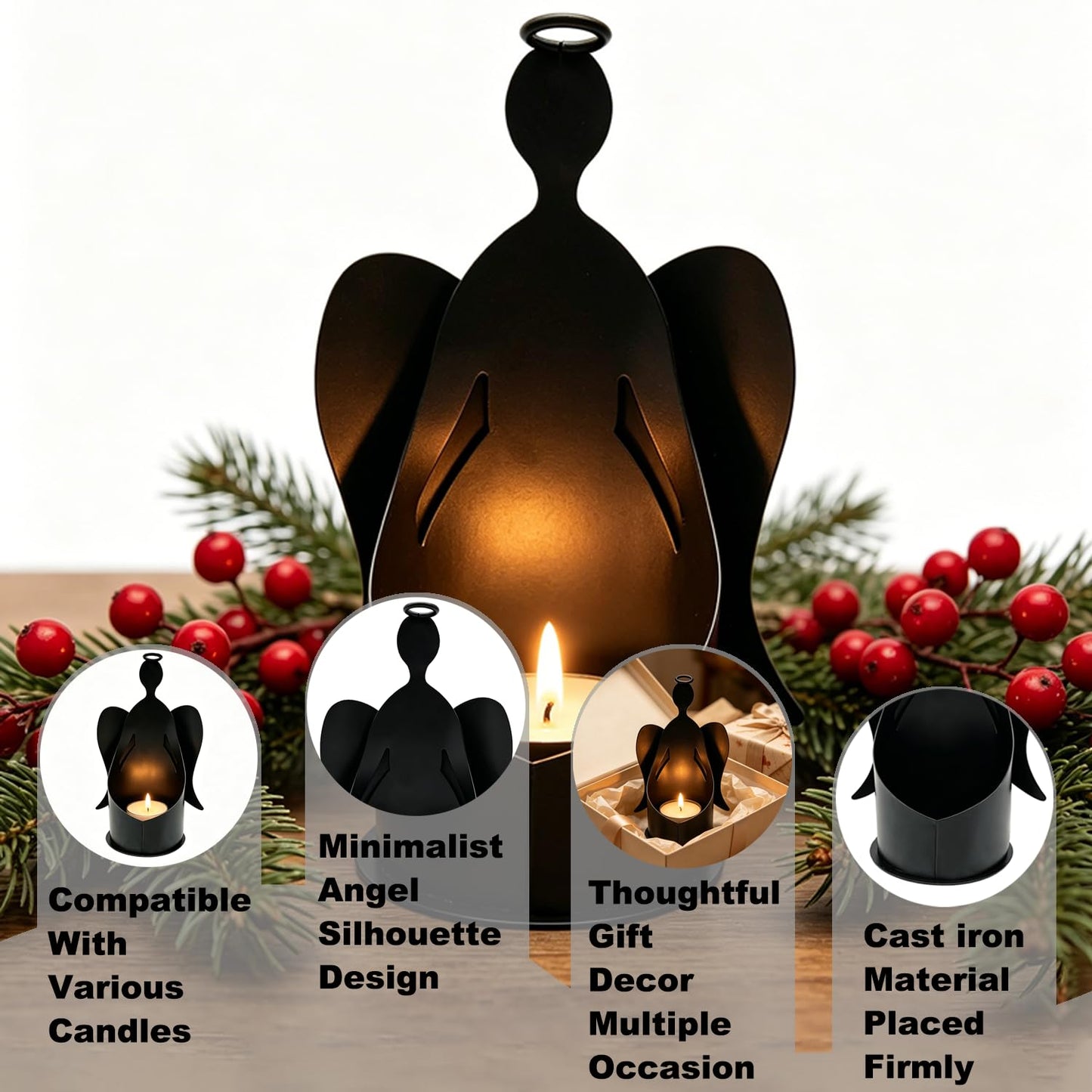 Angel Candle Holder，Black Metal Angel Decor for Pillar Candles/Succulent Planter, Indoor/Outdoor Christmas & Home Decor, Perfect for Garden, Living Room, and as a Thoughtful Gift (Black Metal)