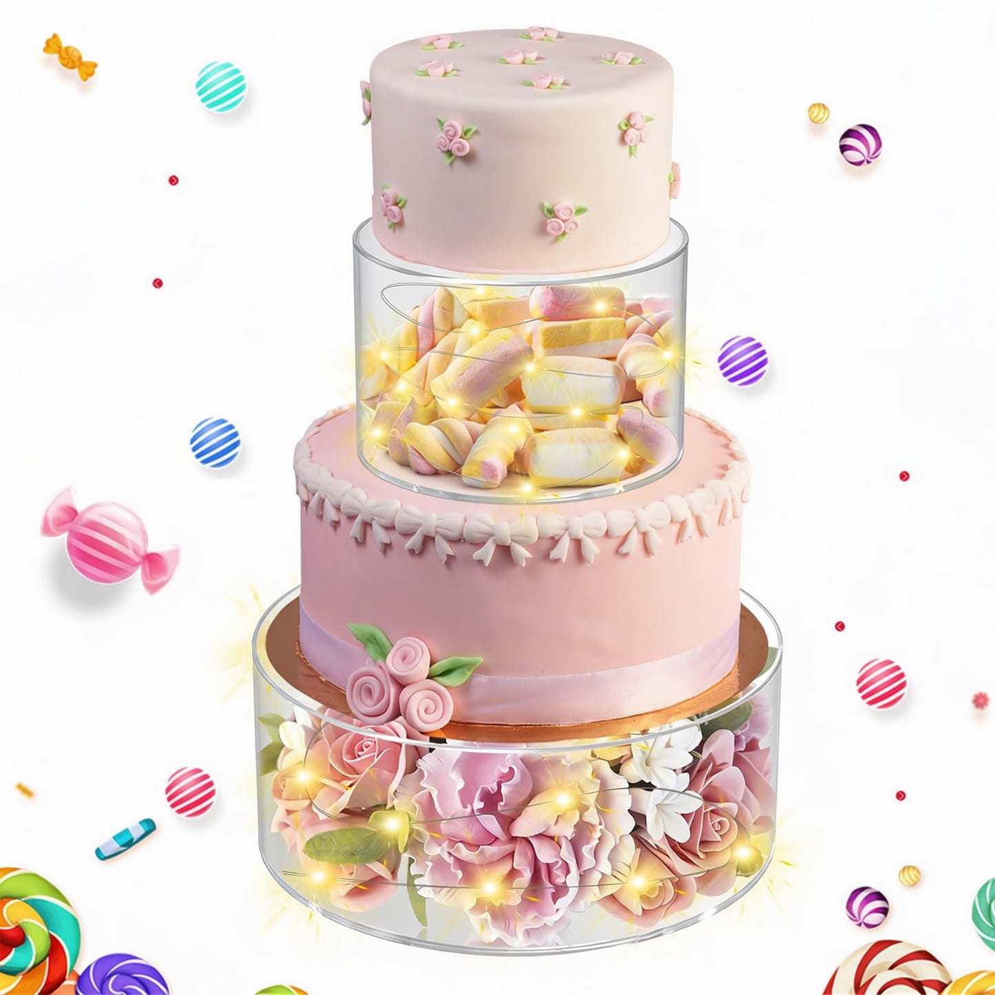 SAMYUCHO Acrylic Cake Stand with Led Lights, 2 PCS Round Cake Riser