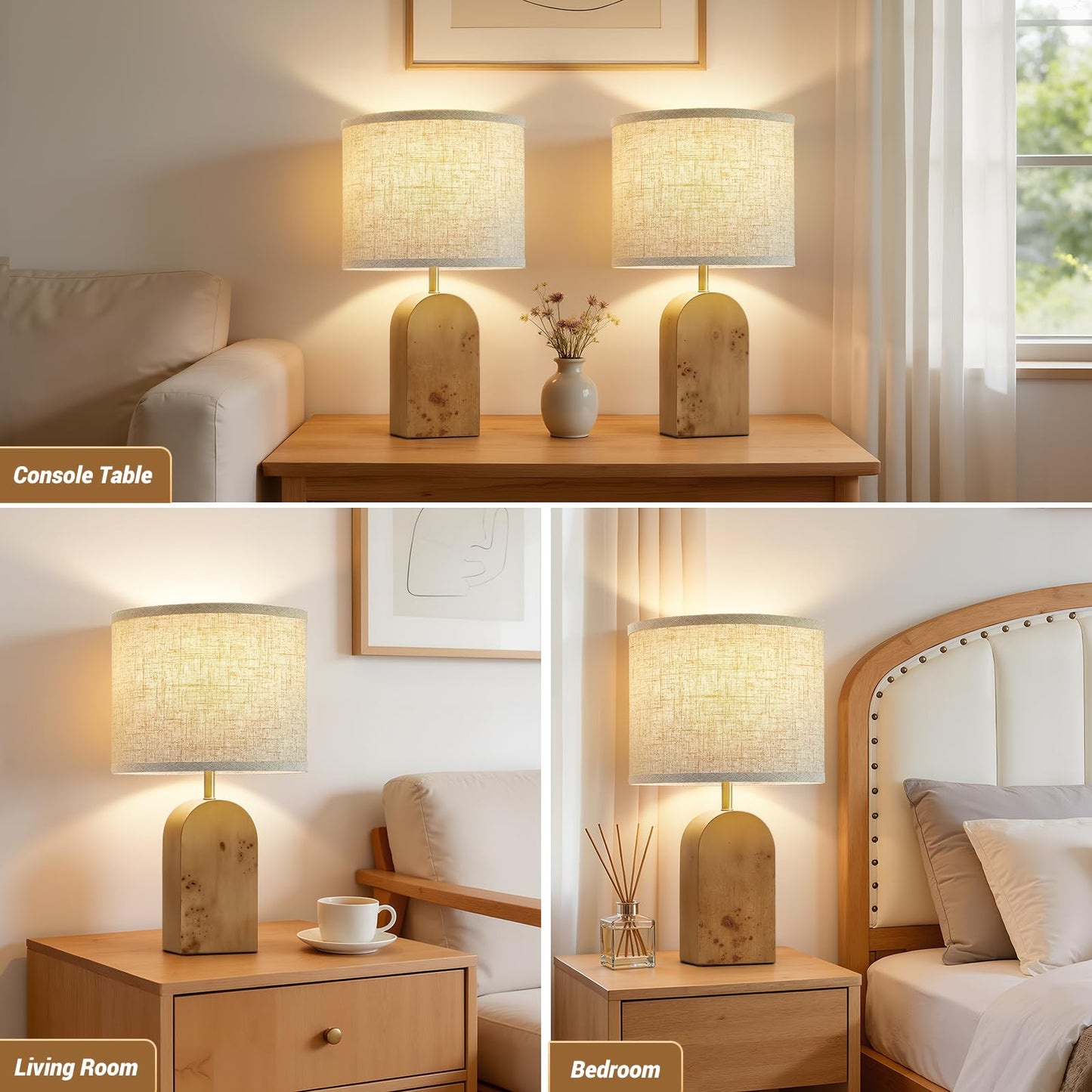Table Lamps Set of 2 - 19" Wood Farmhouse Bedside Lamp with Adjustable Color Temperatures - Modern Rustic Linen Lampshade Nightstand Lamps for Bedroom Living Room Office, Bulbs Included, Natural