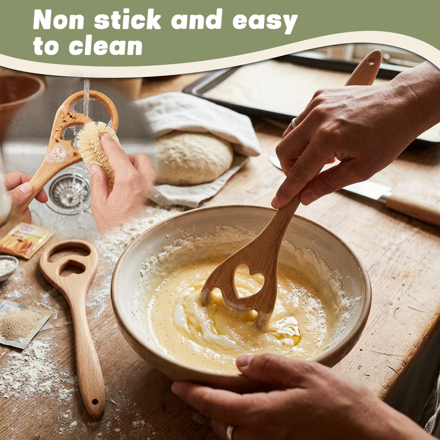 2 Pcs 12.8" Heart Wooden Danish Dough Whisk 2 Hole Sourdough Bread Mixing Supplies Personalized Dutch Whisk for Pizza Pastry Cake Egg Batter Baking, Flow-Through Design a gift for baking enthusiasts