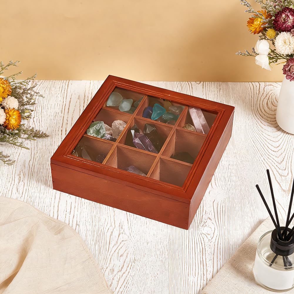 UNICRAFTALE 9-Grid Wooden Rock Display Box Wood Specimen Case 72mm Compartment Brown Crystal Storage Stone Collection Holder for Minerals Trinkets Jewelry Organizer 9.45x9.45x2.78 Inch