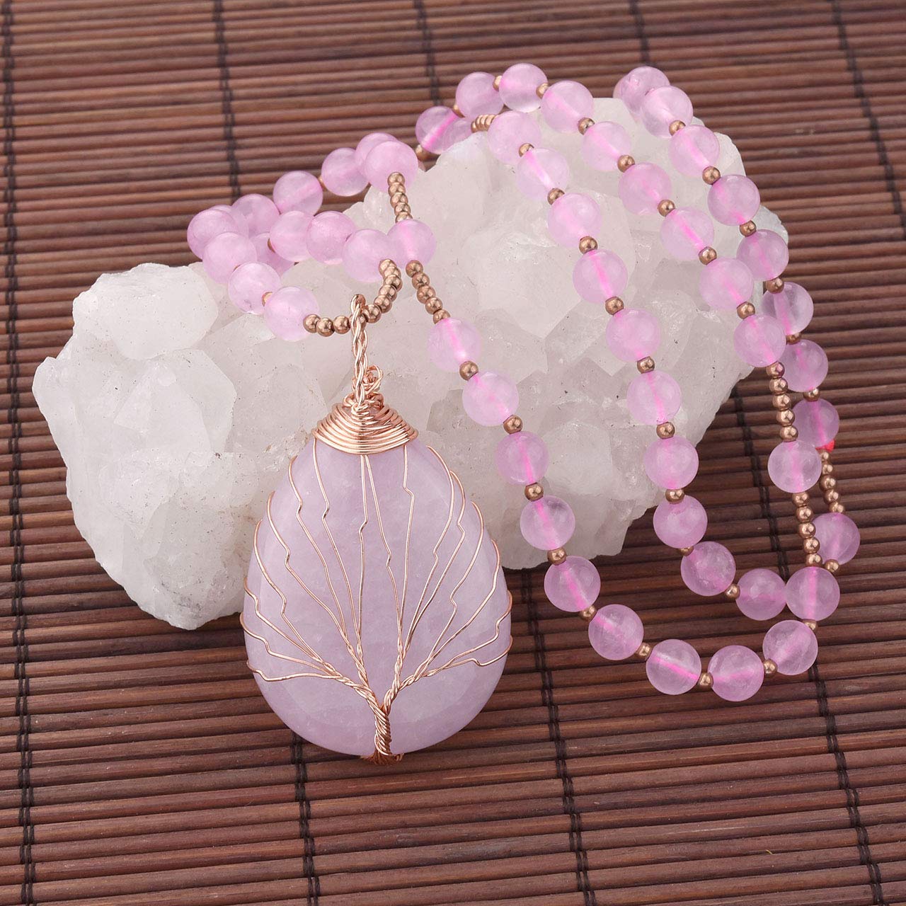 Top Plaza Natural Stone Beads Healing Crystal Rose Quartz Necklace Life Tree Wire Wrapped Teardrop Gemstone Pendant Jewelry for Womens Mother
