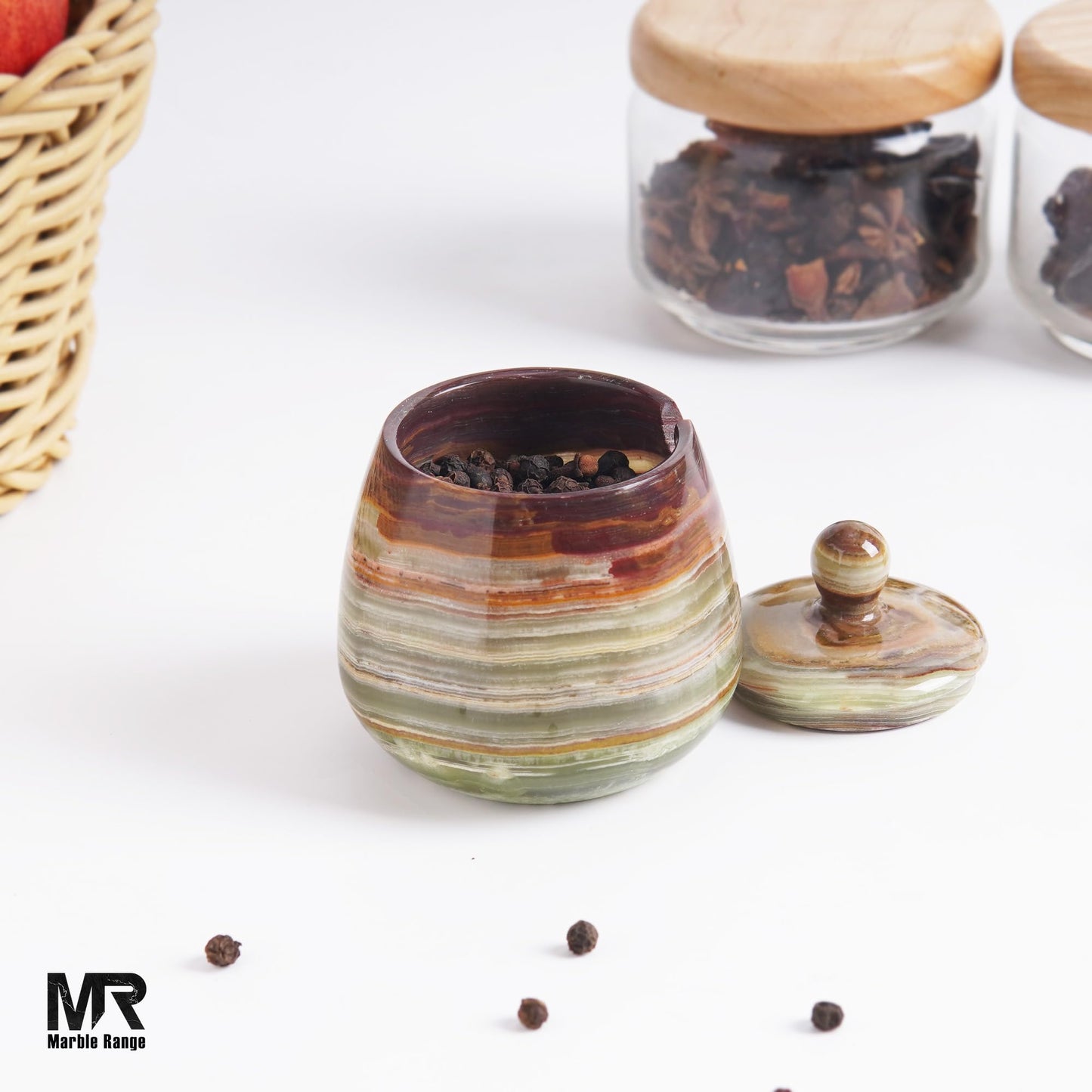 Green Onyx Marble Salt Cellar – 3.5 Inch Salt Jar with Lid, Table Salt Container, Salt Dish, Salt Holder, Spice Jar, Sugar Bowl, Seasoning Container, Salt Dispenser for Kitchen Counter Decor