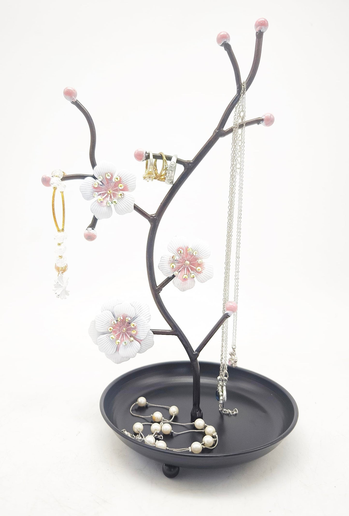 Chez JuJu White & Pink Orchid Blooms Jewelry Display Stand | Faux Crystal Décor Black Tray | Tree Tower Rack Hanging Organizer for Rings Earrings Necklaces Bracelets | Holder Organizer Storage