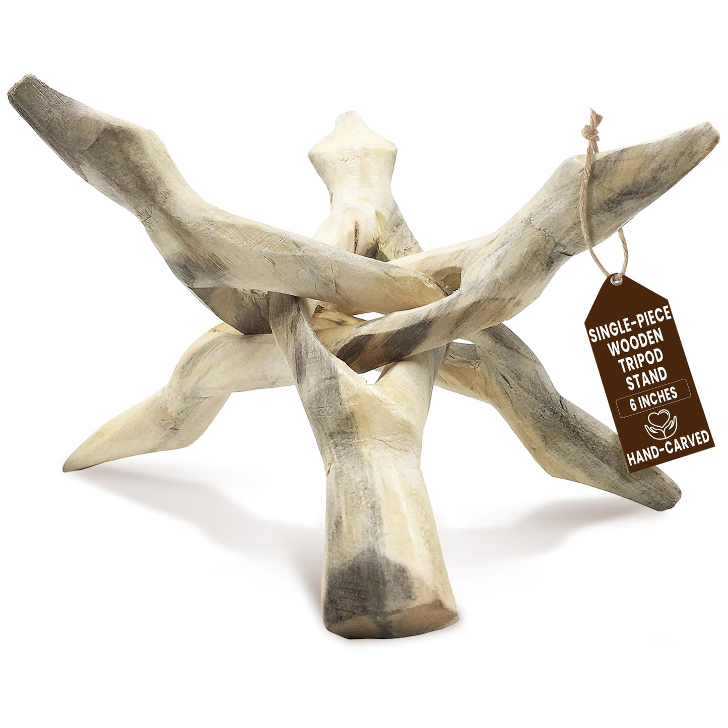 Alternative Imagination Wooden Tripod Display Stand - 6-Inch Hand Carved Holder Made from Mango Wood -Folding Natural Stand for Abalone Shell, Crystal Ball, Key Bowl,Trinket Dish, Incense,Decor & More