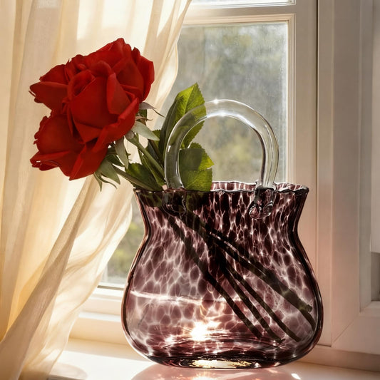 Vesici Glass Purse Vase for Flowers Tortoise Shell Vase Amber Vases Table Centerpiece Elegant Leopard Print Handbag Decoration for Vintage Home Decor Birthday Wedding Housewarming Gift, 9.84''x7.3''