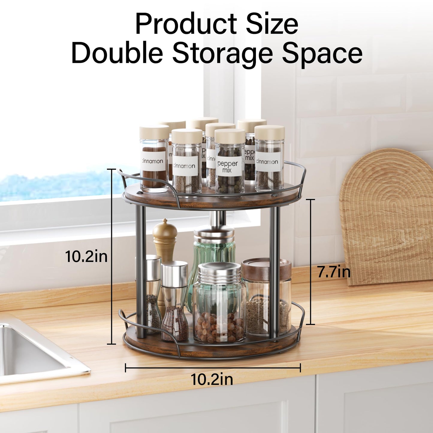 Pantasia 2-Tier Rotating Spice Rack, 10'' Lazy Susan Organizer for Cabinet, Wooden Spice Rack Organizer for Table Top, Kitchen Countertop, Pantry, Bathroom, Vanity, Home Decor