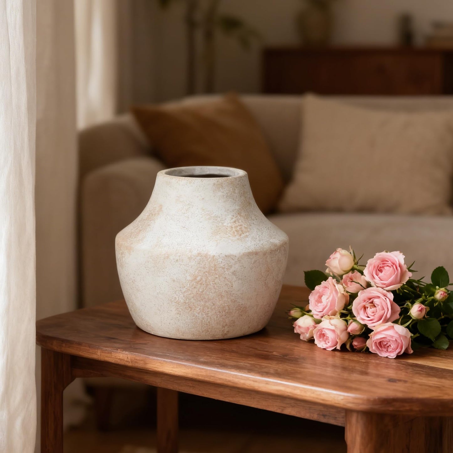 Ceramic Flower Vase 5.2 Inch - Farmhouse Centerpiece Vase for Home Decor, Rustic Table Vase for Dried Flowers, Handcrafted Pottery for Living Room, Shelf & Wedding Decor