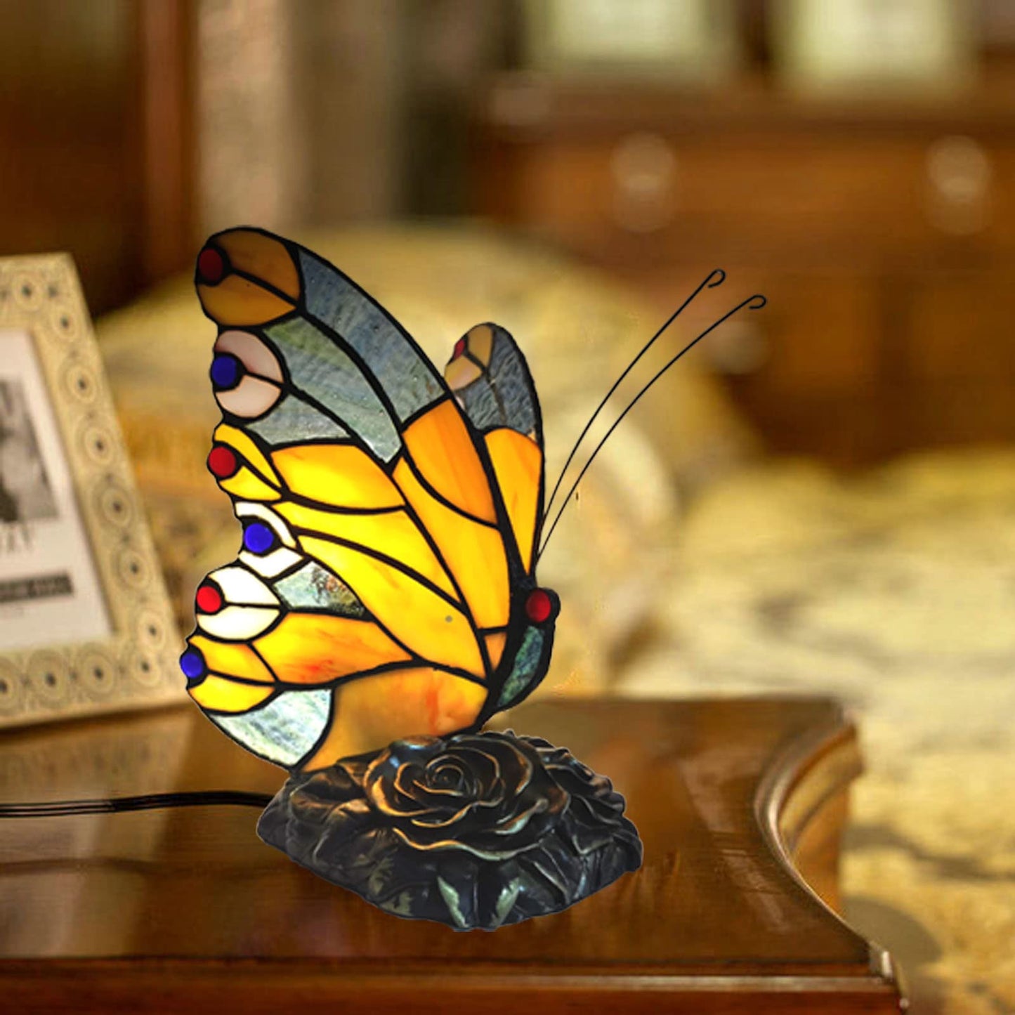 FUMAT Bedside Table Lamp LED Tiffany Table Lamps Yellow Butterfly Stained Glass Shade ON Off Switch Night Light Side Table lamp for Living Room Bedroom Farmhouse Mothers Day Gifts