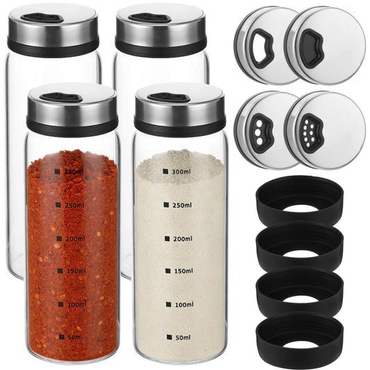 4 Pcs Salt and Pepper Shakers, 350ml Glass Spice Bottles with Adjustable Pour Holes, Spice Dispensers with Non-Slip Silicone Bases, Seasoning Jars with Rotating Steel Lids for Kitchen