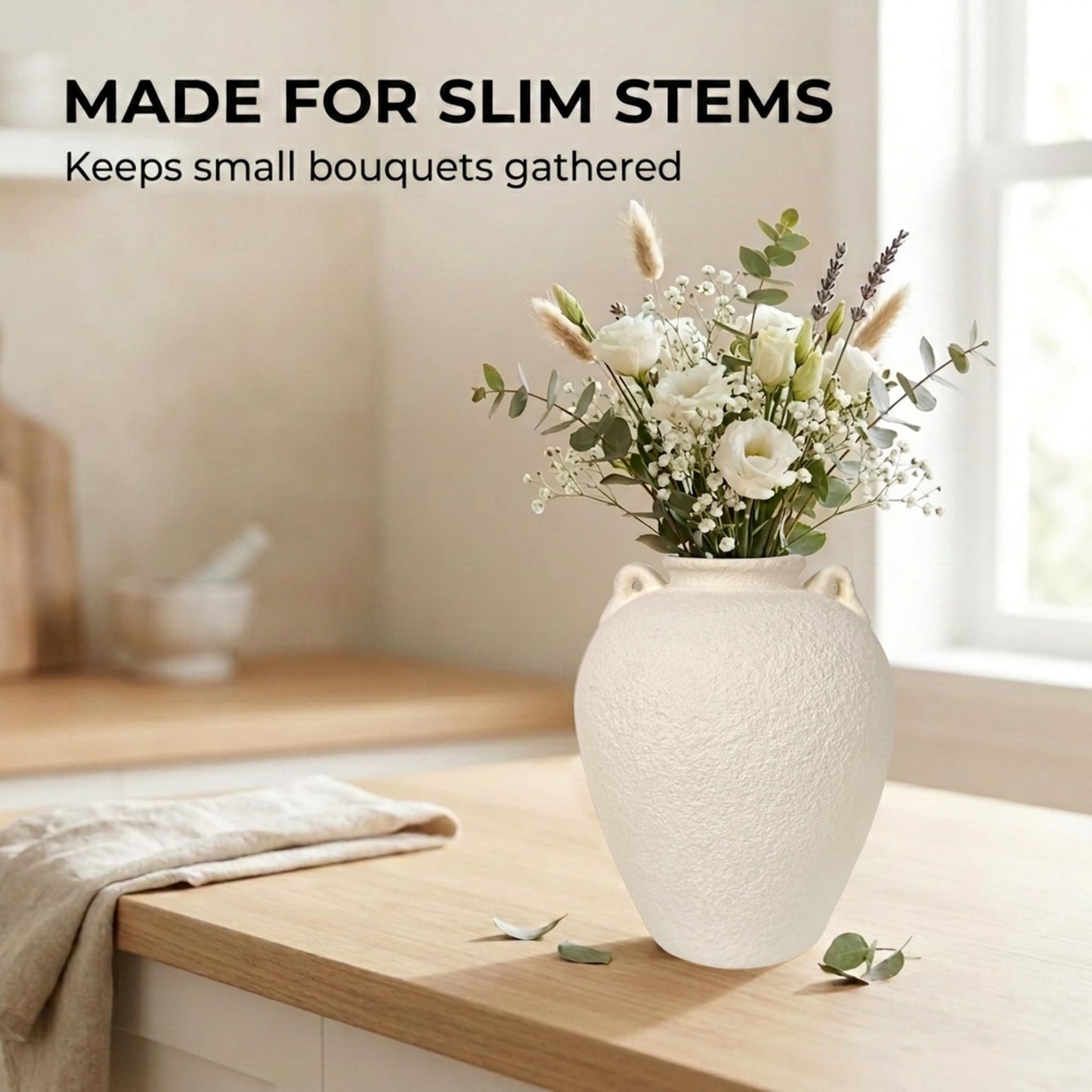 LKKMINIEN 8.7" White Ceramic Vase with Handles, Textured Stone Decor