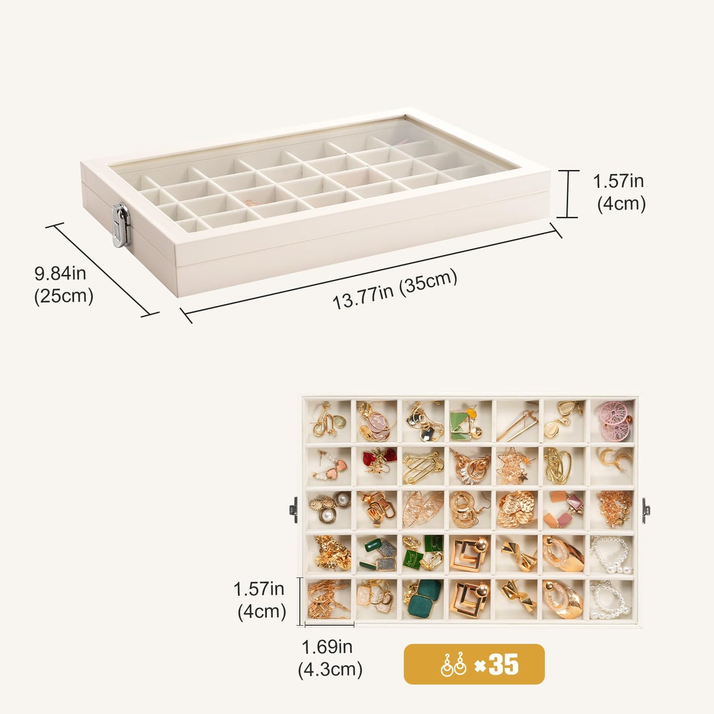 Lolalet Jewelry Organizer Tray with Lid, 35 Grids Velvet Earring Organizer Holder Storage Box for Drawer -Beige