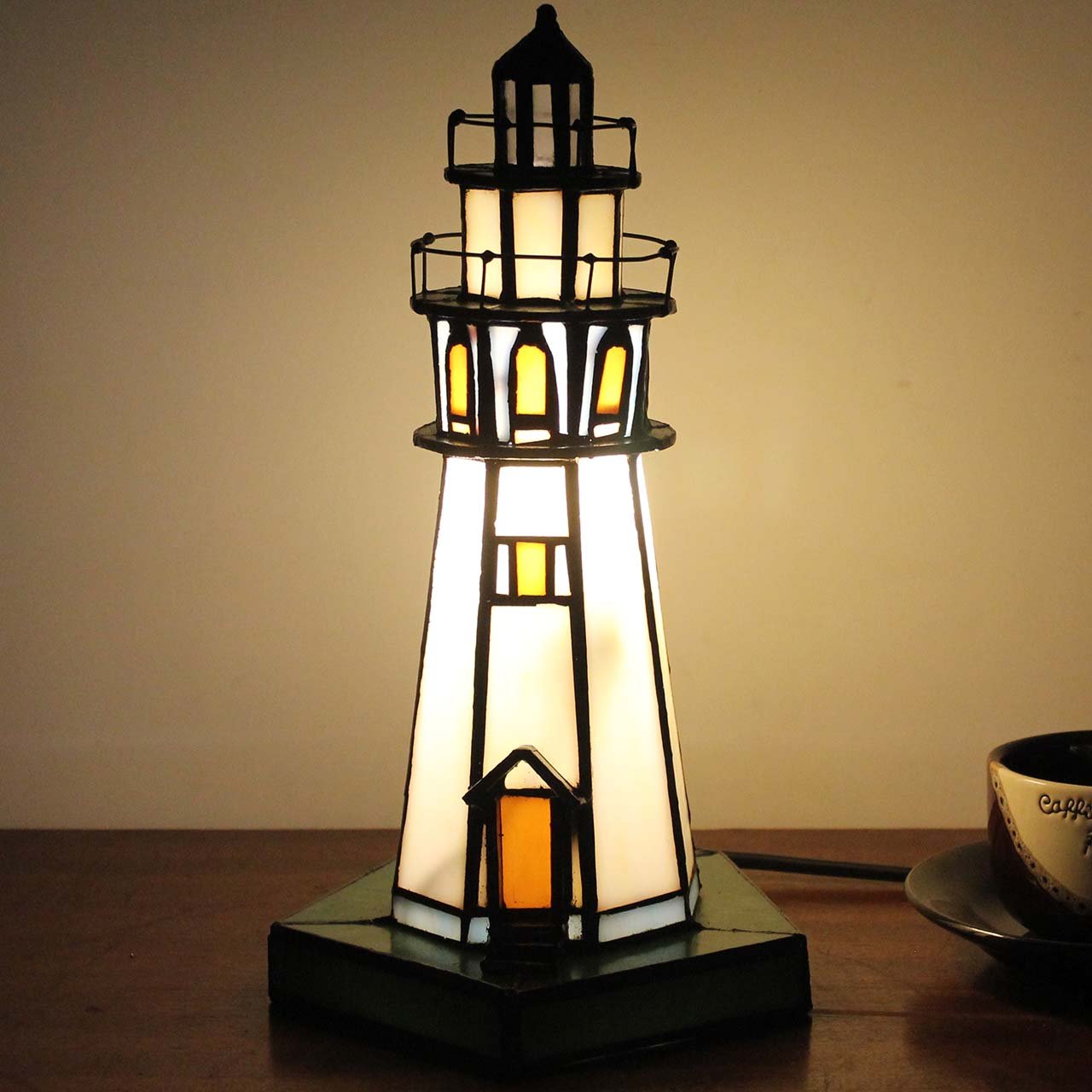 Bieye L10221 Lighthouse 10 inch Tiffany Style Stained Glass Accent Table Lamp for Home Decor