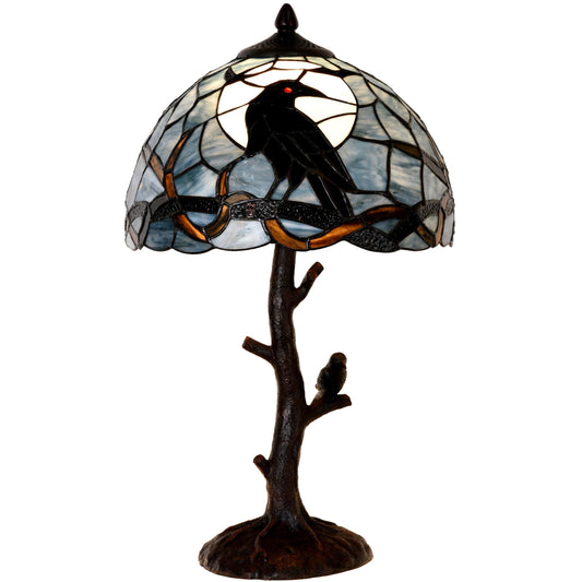 Bieye L10956 Raven Sitting on Bare Tree Branch in Full Moon Night Tiffany Style Stained Glass Table Lamp for Home Decor (Dark Blue, 12Wx20H)
