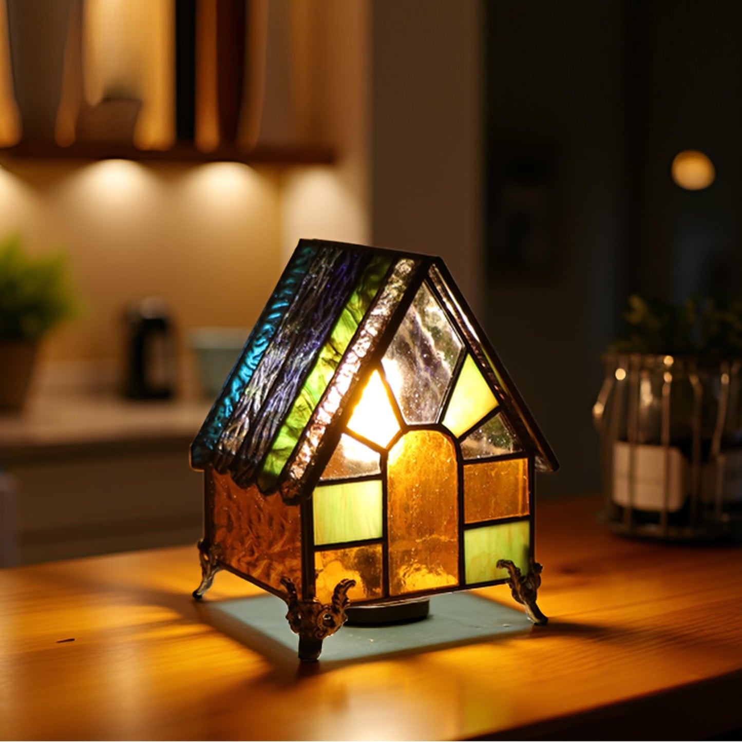 HWDFEI Small Tiffany Stained Glass Style Mini Lighthouse Table Lamp, Retro Decorative Lamp, Suitable for Bedroom Office Home Decoration 4.2X 4.2X 5.8(Blue Orange)