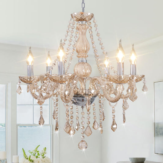 CRYSTOP Crystal Chandeliers for Dining Room, 6-Lights Classic Cognac Pendant Light K9 Vintage Chandelier for Bedroom, Candle Ceiling Light Fixture Cognac Chandelier for Living Room Wedding Decor