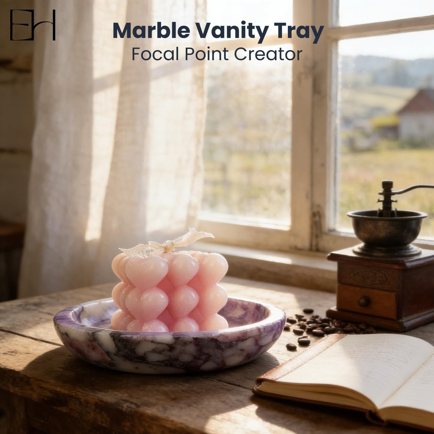 Marble Trinket Dish, Calacatta Marble Tray for Jewelry & Keys, Round Soap Dish & Decorative Stone Bowl Candle Holder for Entryway Table, Bathroom, Vanity (Viola, 5.5 INCH)