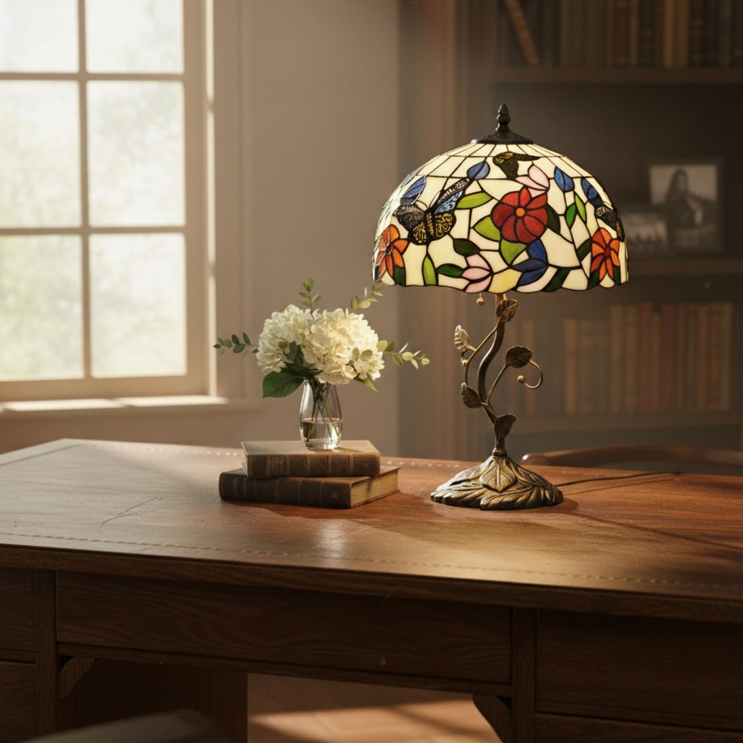 3EShinesys Tiffany Table Lamp, 12" Butterfly Flower Handmade Stained Glass Lamp Shade, Vintage Reading Light for Bedroom Living Room, LED Bulb Included