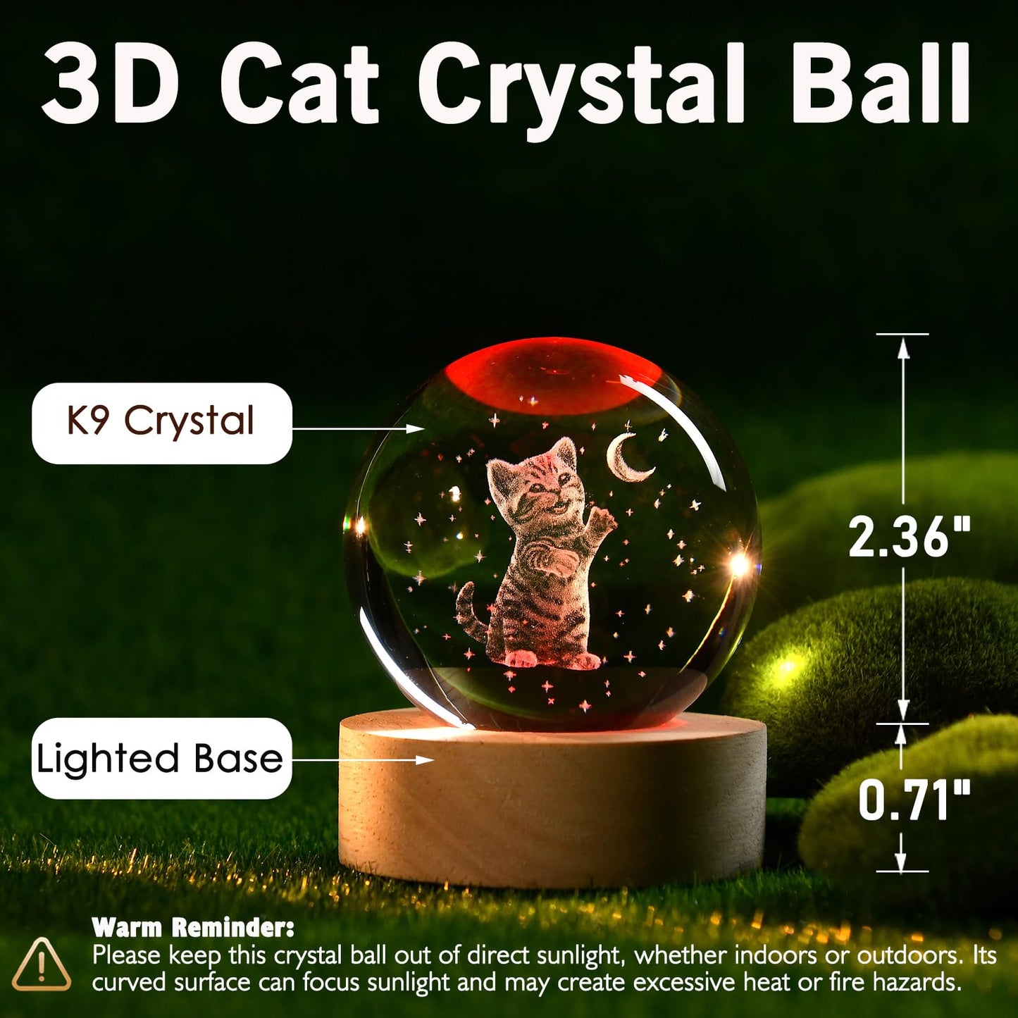 IFOLAINA Cat Lovers Gifts for Women 2.36" Crystal Ball with Wooden Light Base 3D Cat Themed Gifts for Mom Wife Friends Birthaday Mothers Day Crystal Decorative Globe Lamp Decor