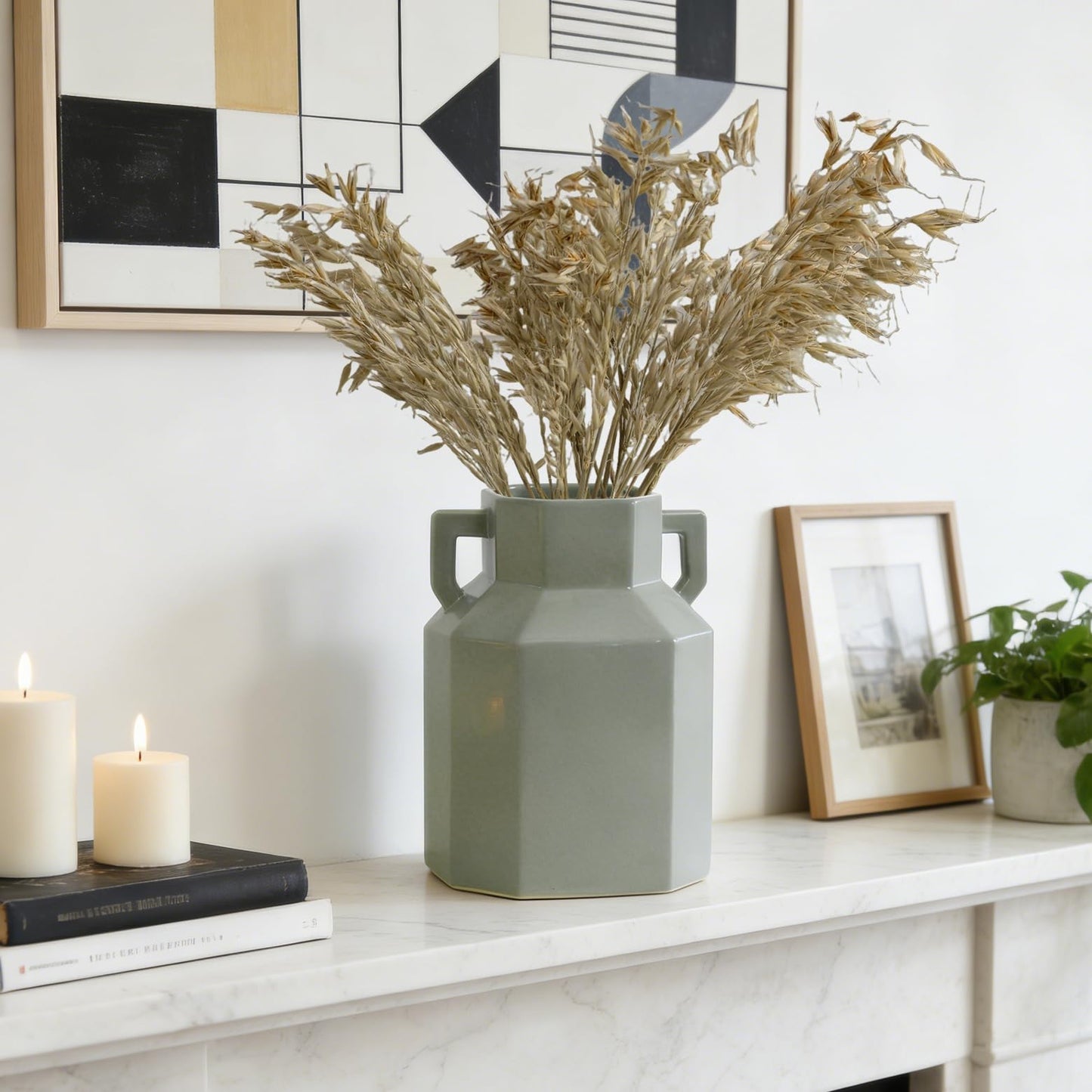 Quoowiit 7.3 Inch Modern Ceramic Vase, Unique Square Vases for Flowers, Boho Vase for Home Decor, Aesthetic Flower Vases Decorations for Living Room Centerpiece Shelf Coffee Table Kitchen Office Green