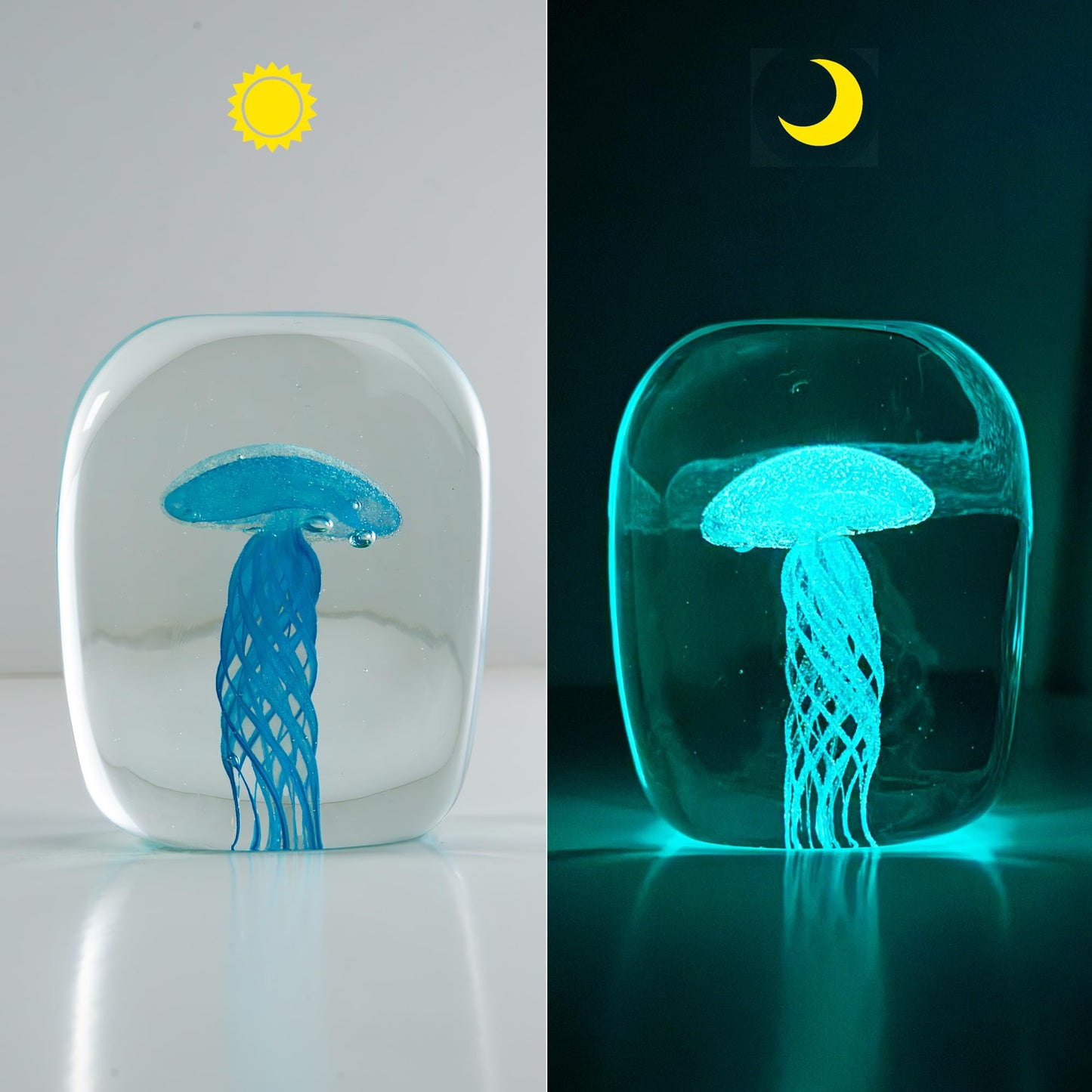 kangming Hand Blown Glass Jellyfish Paperweight, 4" Blue Marine Animal Art Sculpture, Glow in The Dark Rectangular Block, Coastal Home Desk Decor Gift (Bondi Blue)