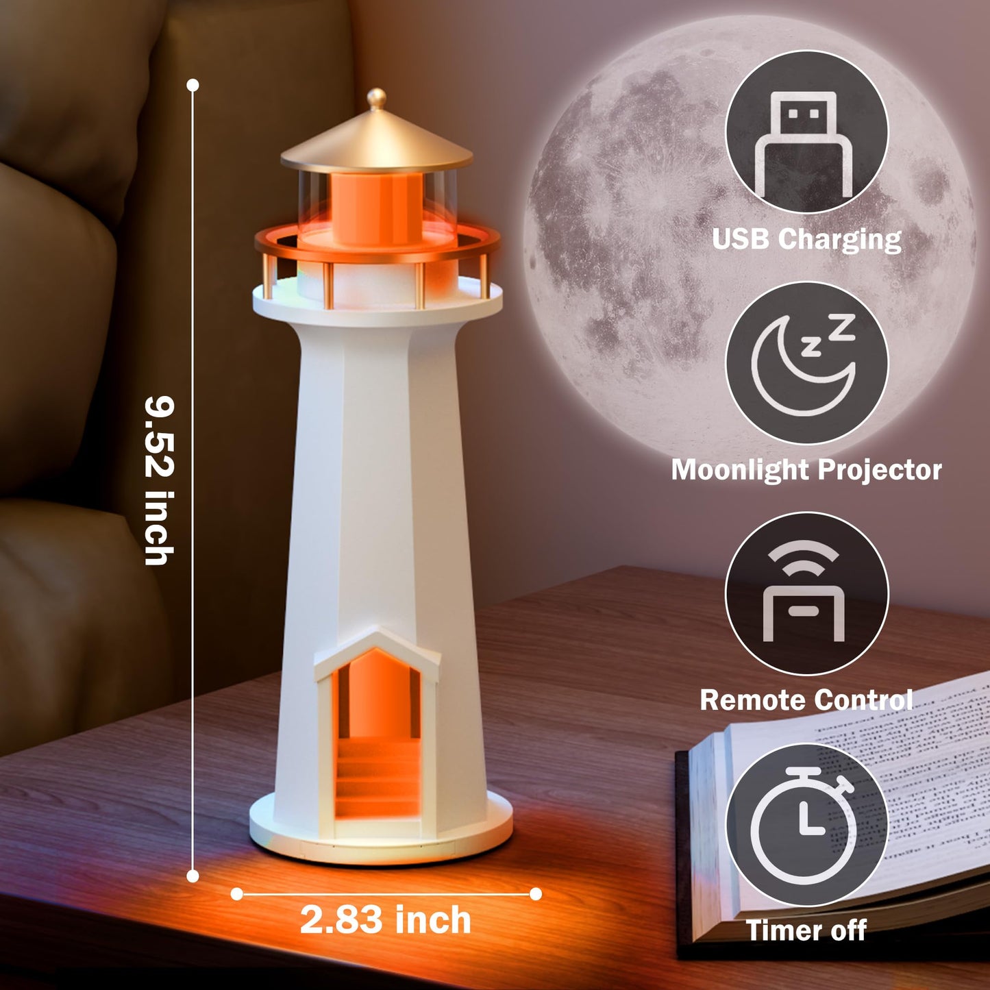 Moon Lamp Mood Lighting, RGB 7 Color Changing Lighthouse Lamp, Rechargeable LED Night Light for Kids, Dimmable Bedside Table lamp for Bedroom Living Room, Christmas Birthday Gifts for Kids Adult