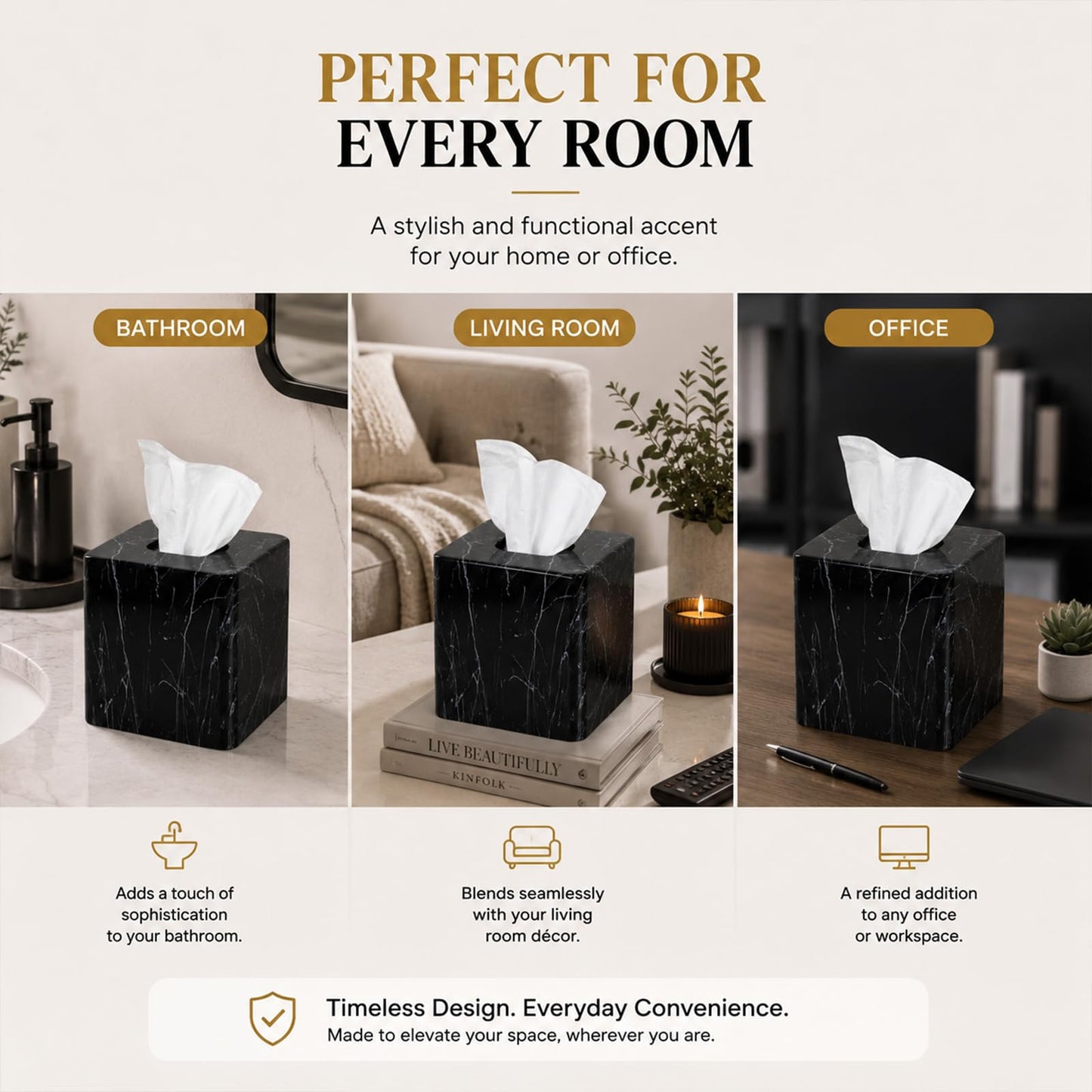 Square Resin Tissue Box Cover, Decorative Facial Tissue Holder with Black Marble Look Pattern, Water Transfer Printed for Bathroom, Living Room and Office