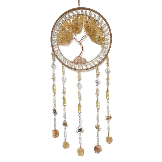 RAGKUU Crystal Tree of Life Dream Catchers with Stone Pendant Yellow Dream Catcher Wall Decor Handmade Dreamcatcher Wall Hanging Ornament for Bedroom Living Room Home Decor