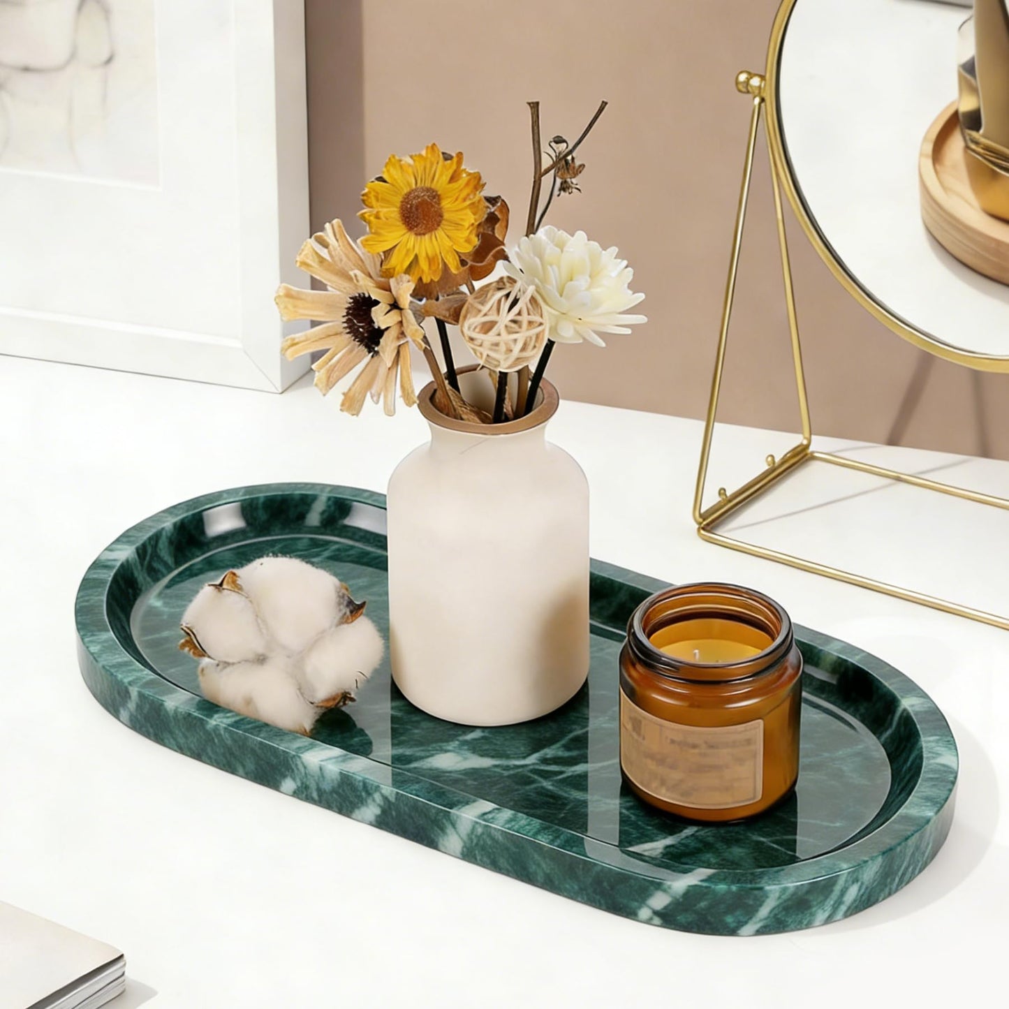 Natural Marble Tray, Green Stone Tray, Vanity Decorative Tray for Countertop, Catchall for Perfume, Candles, Skincare, Jewelry Dish, Bathroom Tray, Hotel Supplies