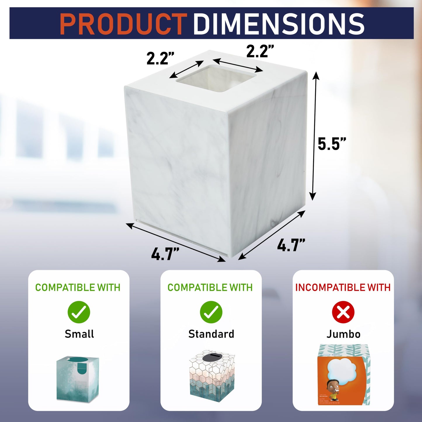 Acrylic Tissue Box Holder, Square Dispenser for Facial Tissues, Napkins, and Dryer Sheets. Perfect for Bathrooms, Desks, Countertops, Vanities, Bedrooms, and Nightstands (Square, Marble)
