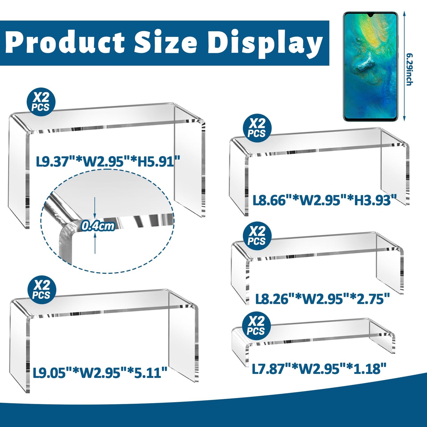 StyEdEk 10 Pcs 2 Set Acrylic Risers 5 Sizes(7" L~9" L) Riser Display Shelf Cupcake Stand Display Cabinet Clear Rectangular Display Stands Set for Figures, Jewelry, Perfume, Dessert Table Display