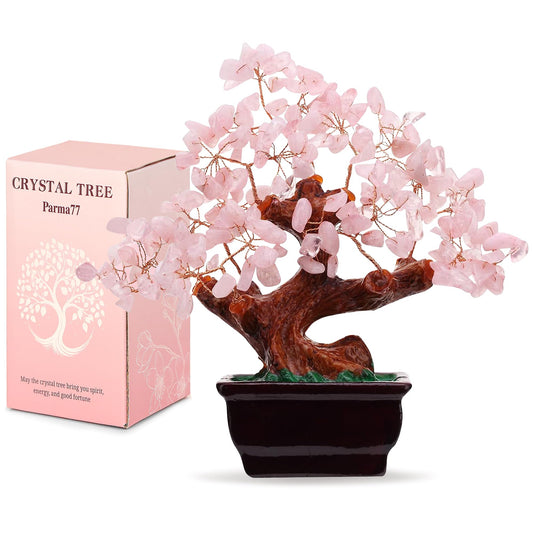 Parma77 Feng Shui Natural Rose Pink Quartz Crystal Money Tree, Healing Crystal Trees Bonsai Style Decoration for Wealth and Luck for Home Decor, Gifts for Women