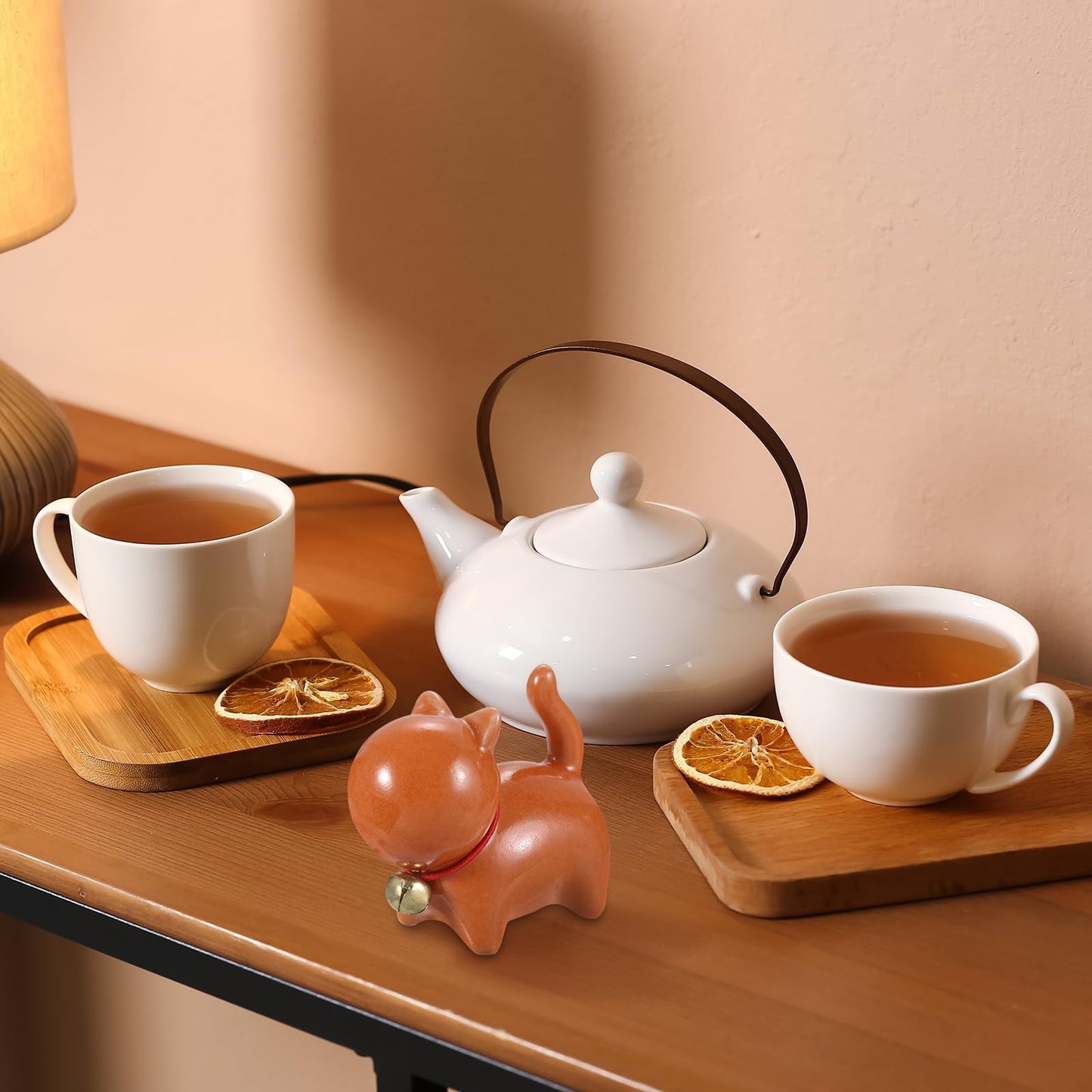 uxcell 2 Pcs Ceramic Lucky Cat Tea Pet, 2.5x1.3x2.2 Cute Funny Handmade Cat Tea Figurine with Bell Collar for Home Office Tea Room Desktop Decorations Gifts, Orange