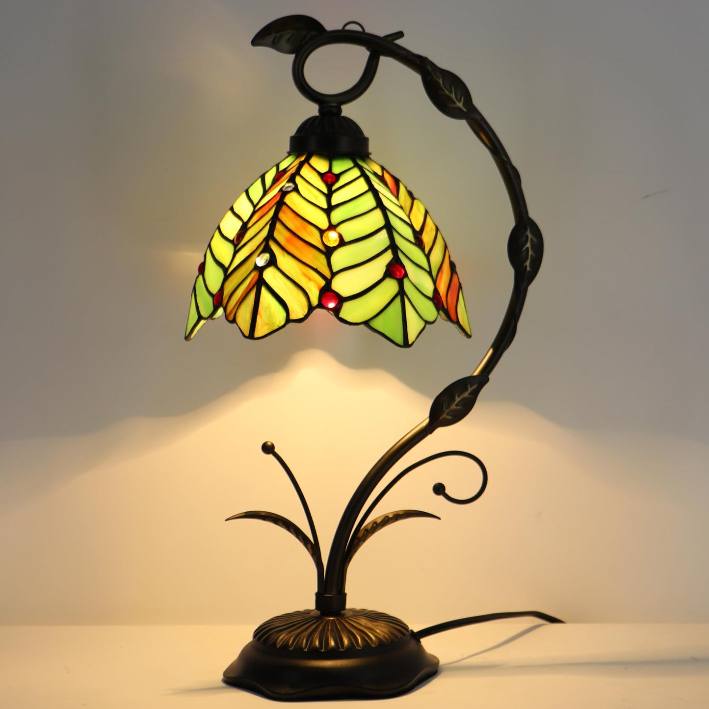 LXHCYOU Tiffany Table Lamp, Stained Glass Desk Reading Light, 8X10X19 Inches, Metal Leaf Base (Brown Green Leaf)