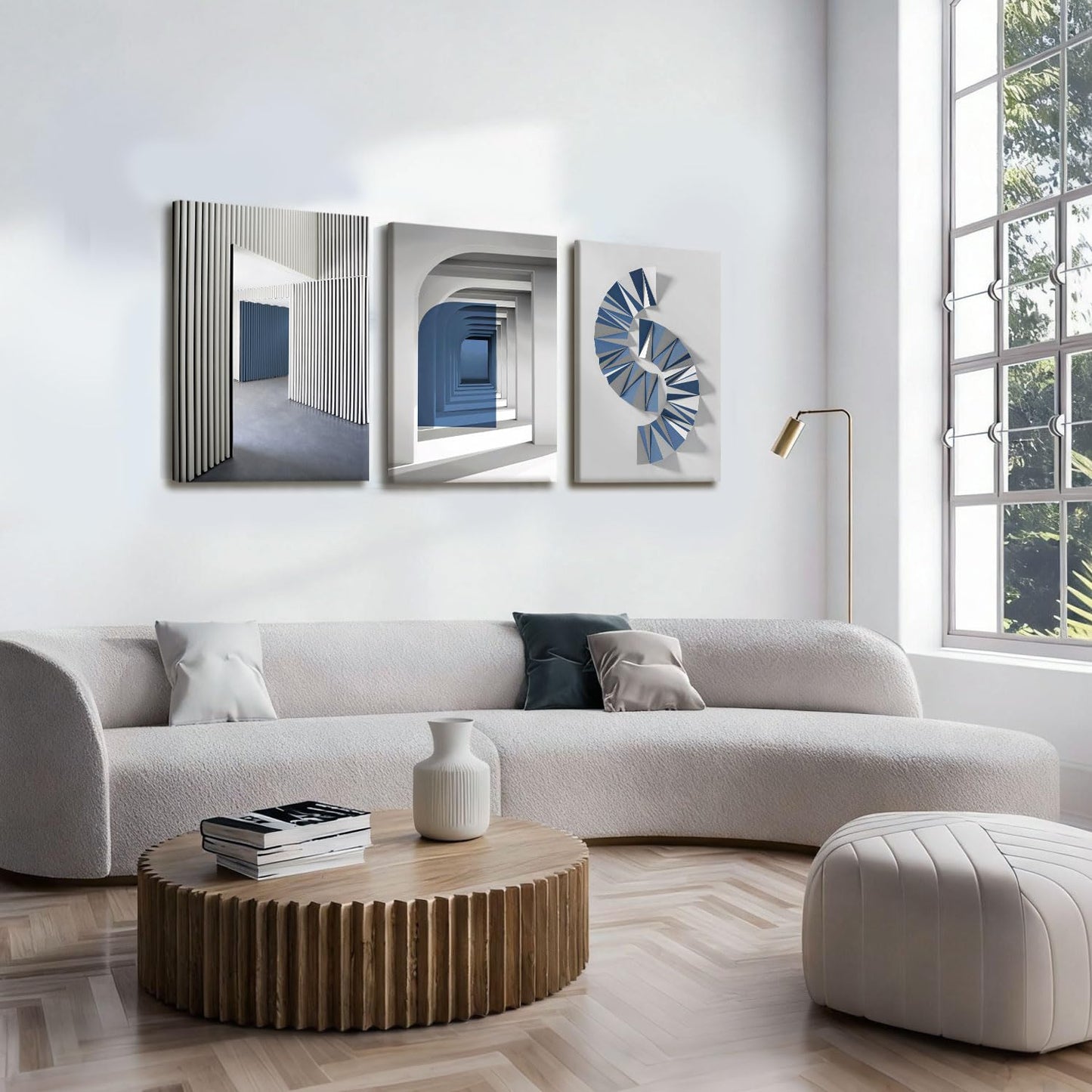 NCCXNCC 3-Pcs Abstract Blue Canvas Wall Art Neutral Minimalist Paintings Gray Geometric Posters Print Modern Architecture Image Artwork Living Room Bedroom or Office Wall Decoration 12x16 inch